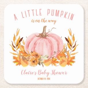Pink Little Pumpkin Fall Girl Baby Shower Square Paper Coaster