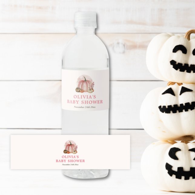 Pink Little Pumpkin Fall Girl Baby Shower Water Bottle Label (Creator Uploaded)