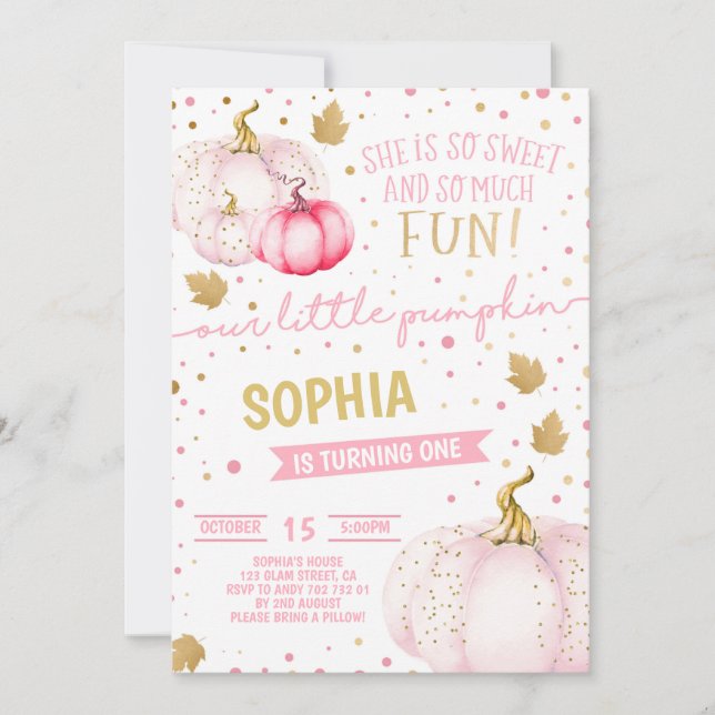 Pink Little Pumpkin Girl 1st Birthday Gold Glitter Invitation (Front)