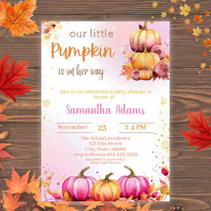 Pink Little Pumpkin is on her Way Baby Shower   In Invitation