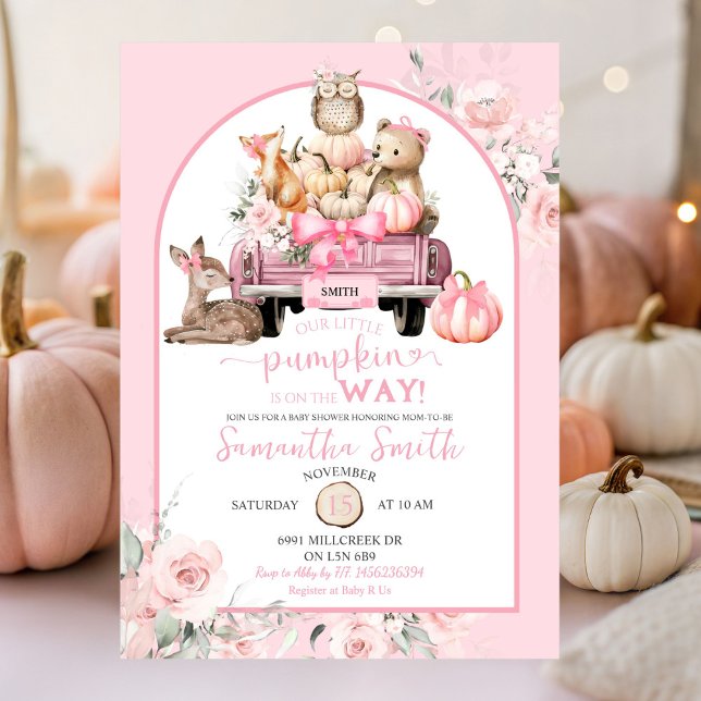 Pink Little Pumpkin Woodland Animals Baby Shower Invitation (Creator Uploaded)