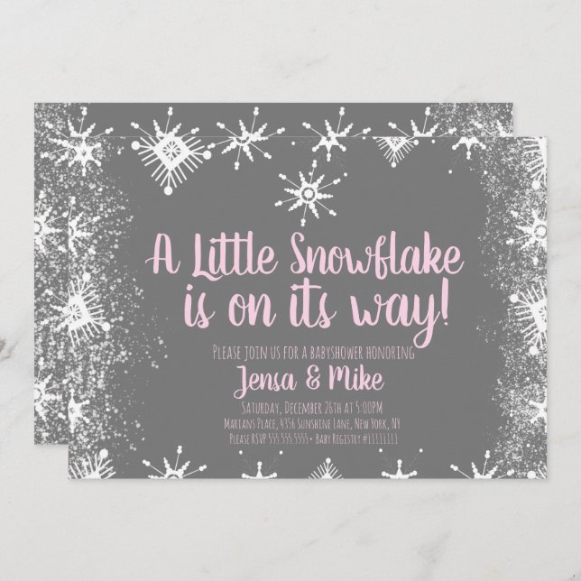 Pink Little Snowflakes Snowy Script Baby Shower Invitation (Front/Back)