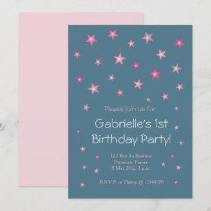 Pink Little Stars Dark Blue Baby Kids Birthday Invitation
