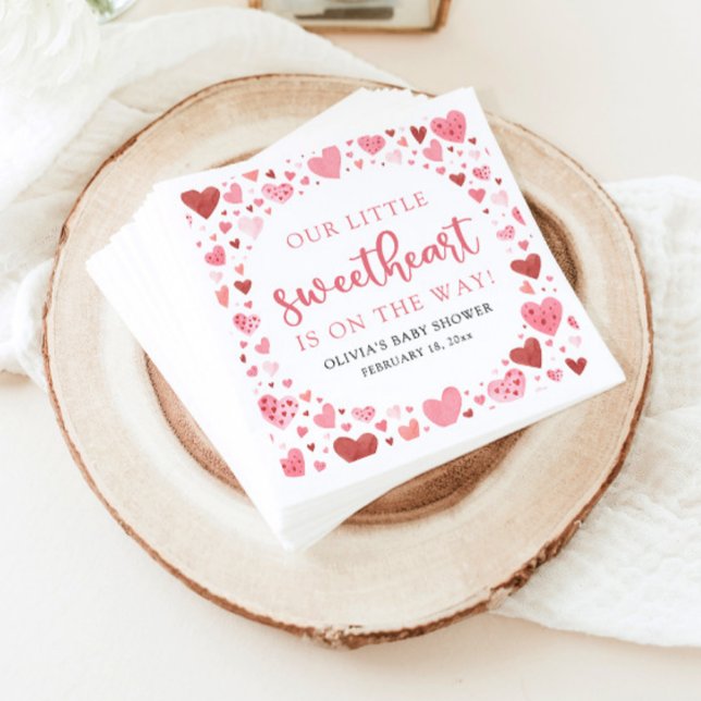 Pink Little Sweetheart Valentine's Day Baby Shower Napkin (Watercolor Cute Pink and Red Hearts A Little Sweetheart Valentine's Day Baby Shower Napkins)