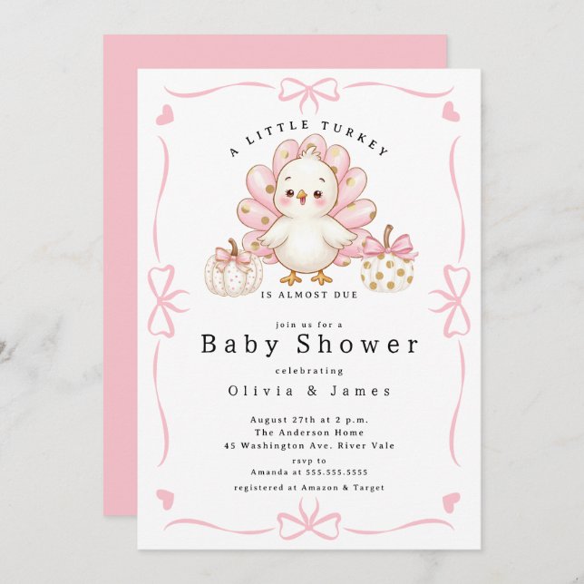Pink Little Turkey Baby Shower Invite (Front/Back)