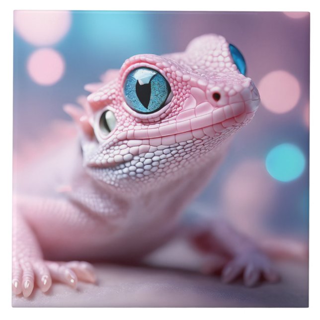 Pink Lizard with Blue Eyes Ceramic Tile (Front)