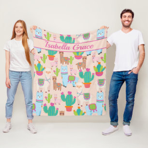 Pink Llama And Cactus Pattern Fleece Blanket