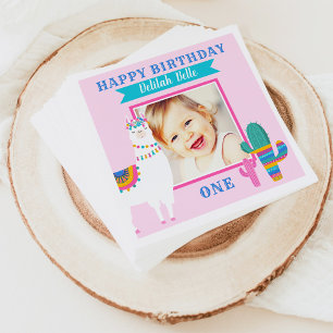 Pink Llama Happy Birthday Girl Photo Fiesta Napkin