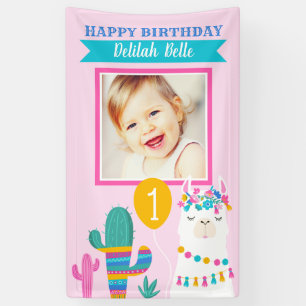 Pink Llama Happy Birthday Girl Photo Party Banner