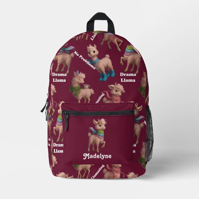 Pink Llama Pattern Perzonalized Printed Backpack (Front)