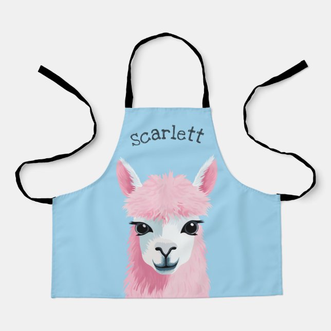 Pink Llama Portrait Blue Background Custom Name Apron (Front)