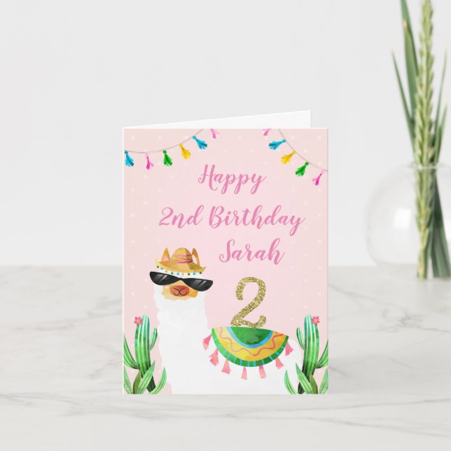 Pink llama second birthday card (Front)