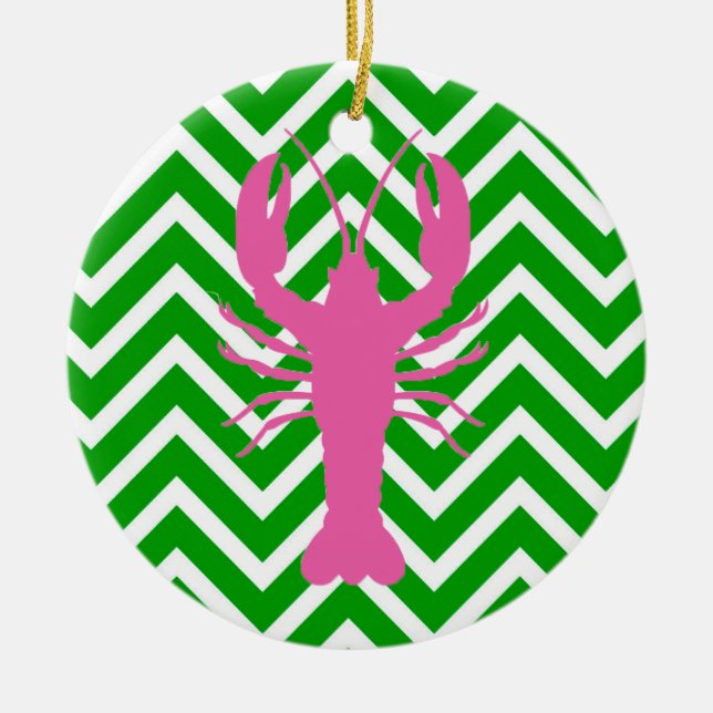 Pink Lobster and Green Chevron Monogram Ceramic Ornament (Front)