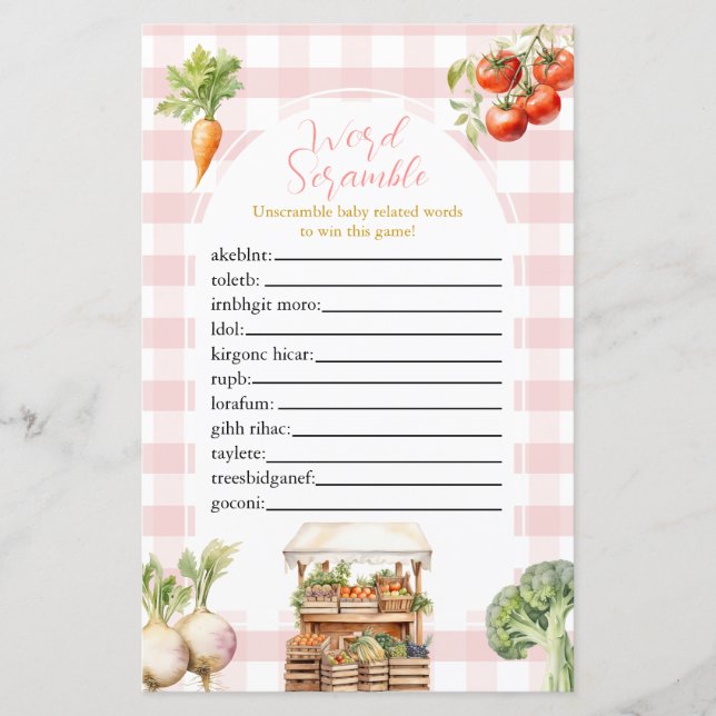 Pink Locally Grown Fresh Market Word Scramble Game (Front)