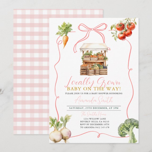 Pink Locally Grown Vegetables Market Baby Shower  Invitation (Front/Back)