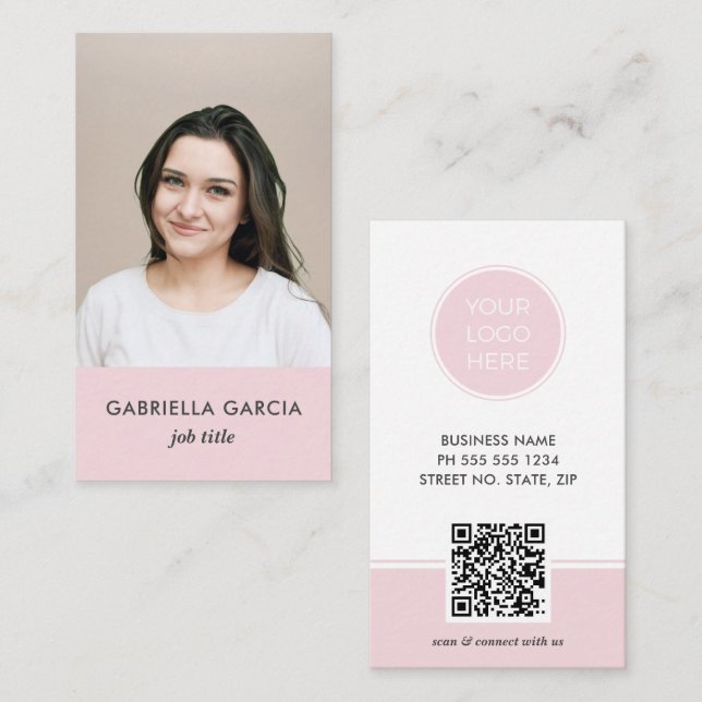 Pink Logo QR Code Photo Professional Business Card (Front/Back)