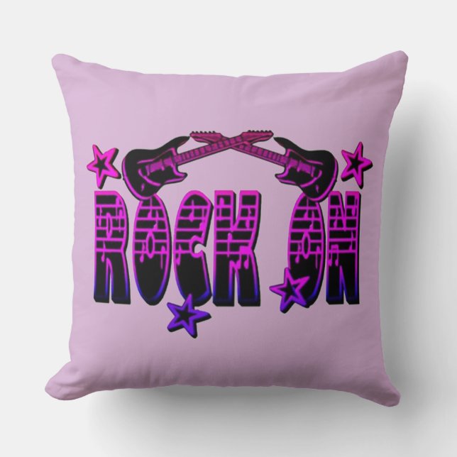 Pink Logo Rock On Guitars & Stars Throw Pillow (Front)