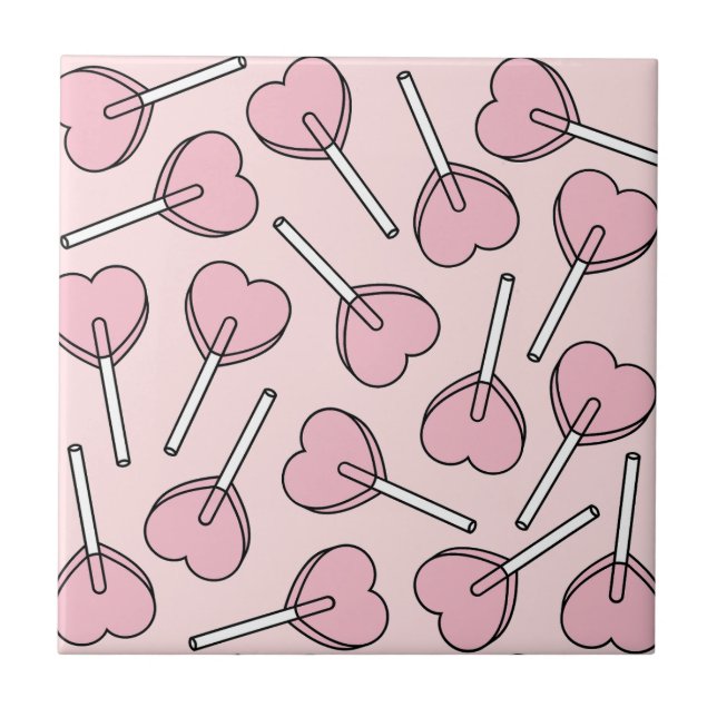 Pink Lollipops, Heart Lollipops, Lollipop Pattern Ceramic Tile (Front)