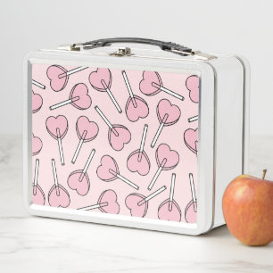 Pink Lollipops, Heart Lollipops, Lollipop Pattern Metal Lunch Box