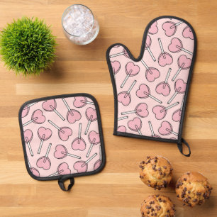 Pink Lollipops, Heart Lollipops, Lollipop Pattern Oven Mitt & Pot Holder Set