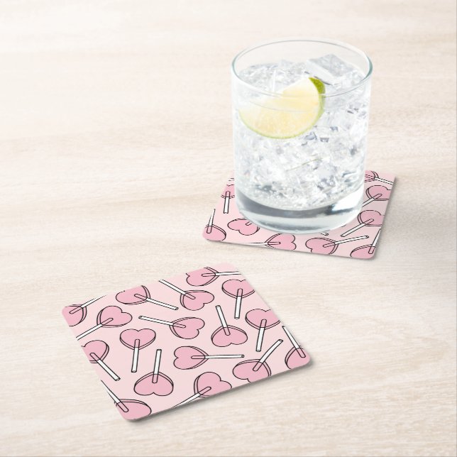 Pink Lollipops, Heart Lollipops, Lollipop Pattern Square Paper Coaster (Insitu)
