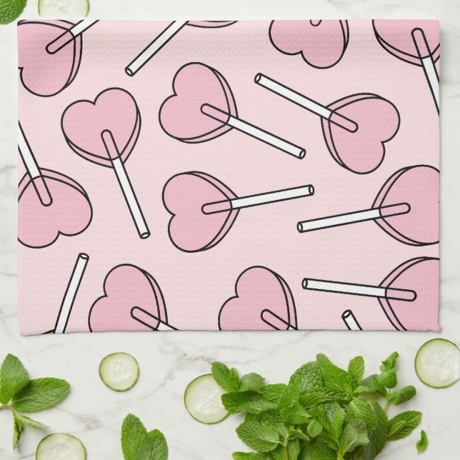 Pink Lollipops, Heart Lollipops, Lollipop Pattern Tea Towel (Folded)