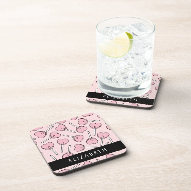 Pink Lollipops, Heart Lollipops, Lolly, Your Name Coaster (Right Side)