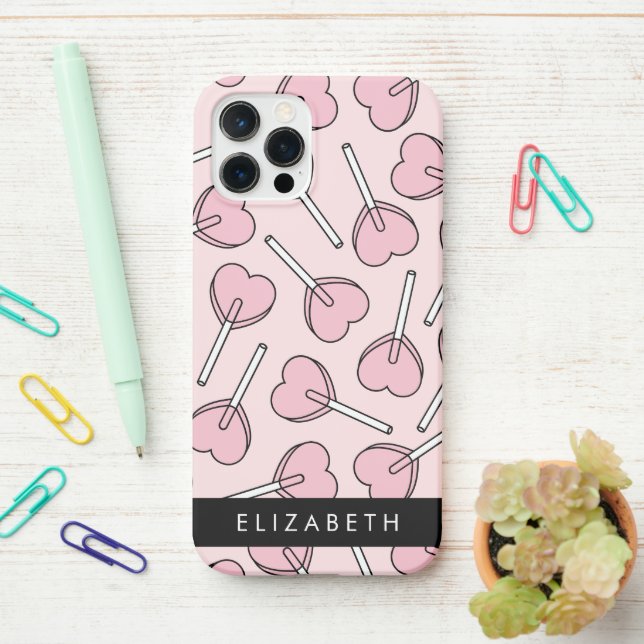 Pink Lollipops, Heart Lollipops, Lolly, Your Name iPhone Case (On Desk)