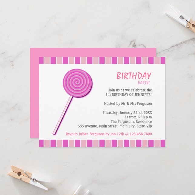 Pink Lollypop Invitation (Front/Back In Situ)
