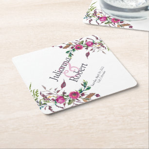 Pink loose floral square paper coaster