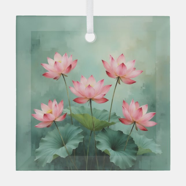 Pink Lotus Artwork  Glass Tree Decoration (Front)