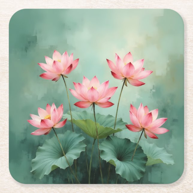 Pink Lotus Artwork  Square Paper Coaster (Front)