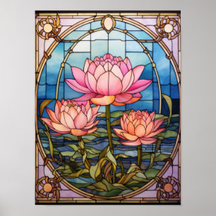 Pink Lotus Blossom Stained Glass Window Panel Art Poster