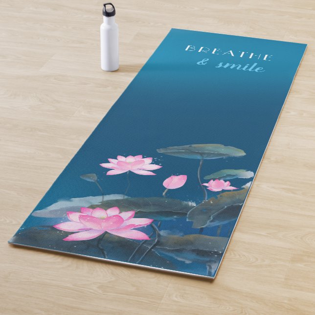 Pink Lotus Floral Mindfulness Quote Dark Blue  Yoga Mat (In Situ)