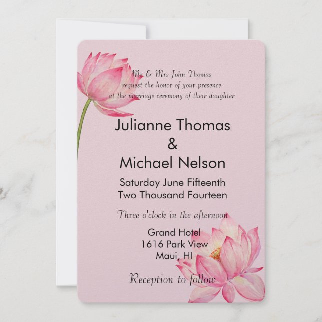 Pink Lotus Floral Wedding Invitation (Front)
