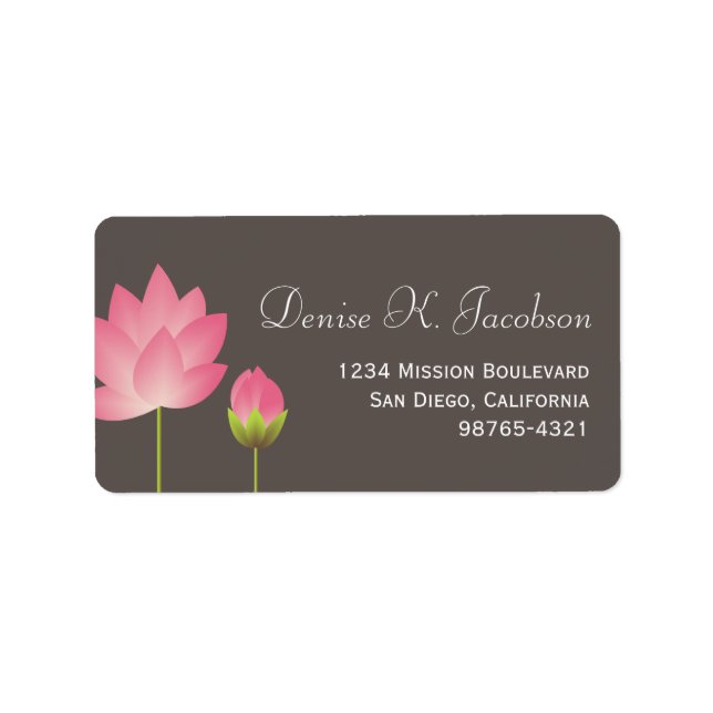 Pink lotus flower blossom grey return address label (Front)
