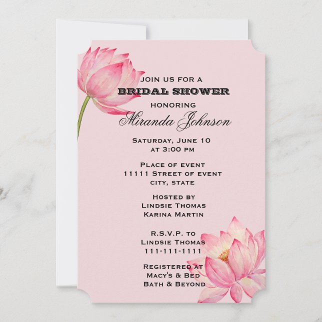 Pink Lotus Flower Bridal Shower Invitation (Front)