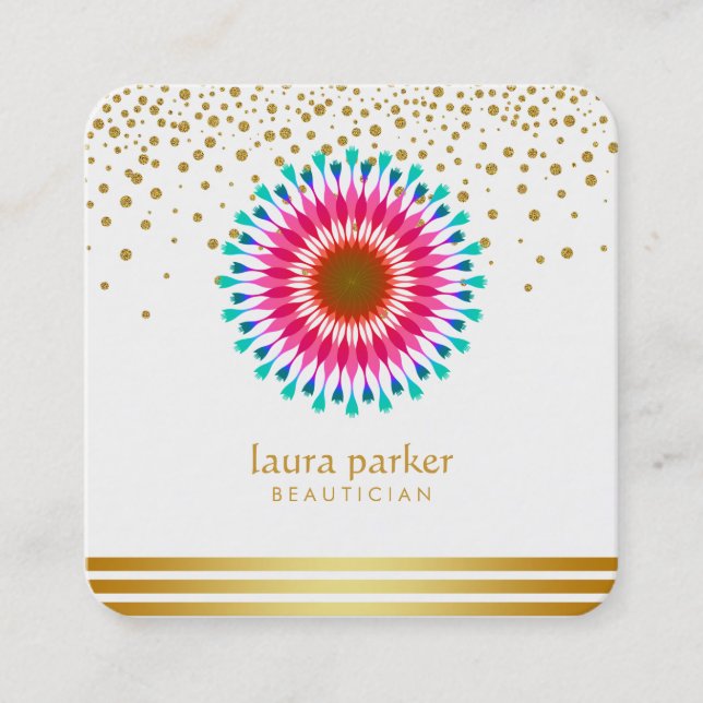 Pink Lotus Flower Confetti Yoga Meditation Spa Square Business Card (Front)