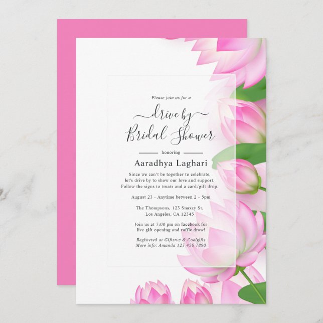 Pink Lotus Flower Indian Drive By Bridal Shower Invitation (Front/Back)