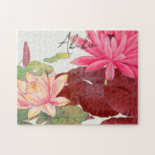 Pink Lotus Flower Japanese Vintage Fine Art Name Jigsaw Puzzle