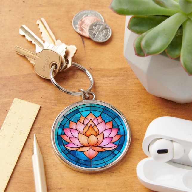 Pink Lotus Flower Mosaic Stained Glass Key Ring (Desk)