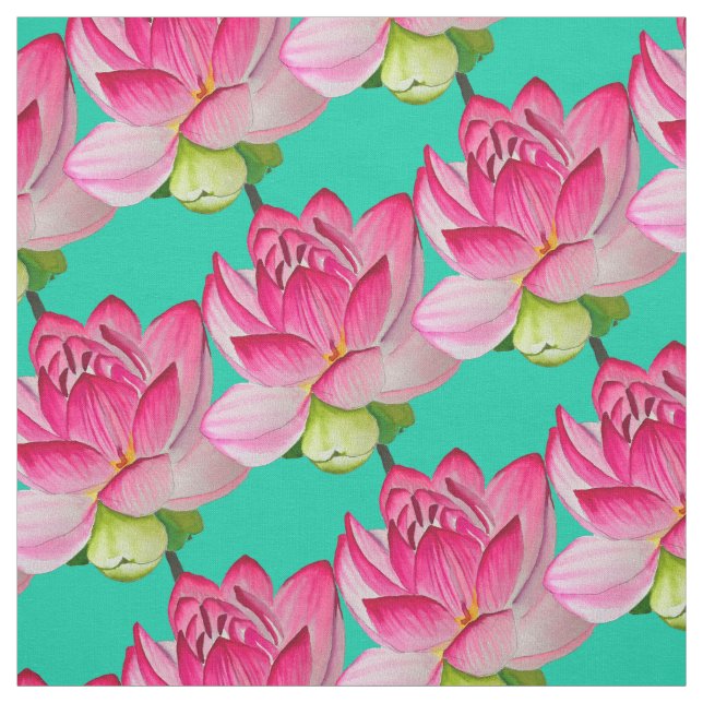 Pink lotus flower on turquoise watercolor fabric (Swatch)