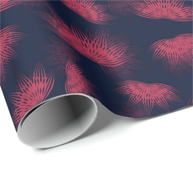 Pink Lotus Flower Pattern on Blue Background Wrapping Paper (Roll Corner)