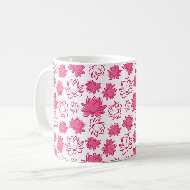 Pink Lotus Flower Pattern on White Background Coffee Mug (Front Left)