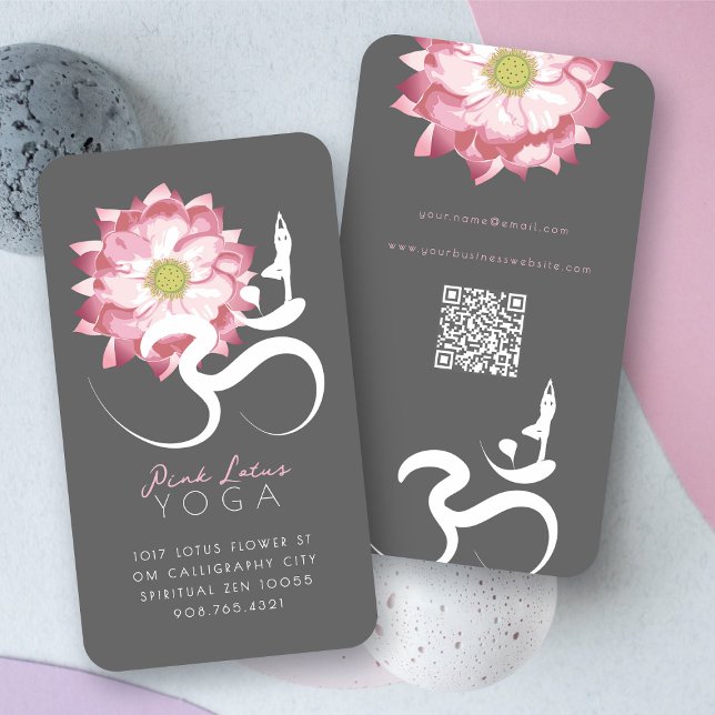 Pink Lotus Flower Spiritual Yoga Teacher Om Symbol Business Card (Pink Lotus Flower Spiritual Yoga Teacher Aum/Om Symbol Business Card @ fatfatin)