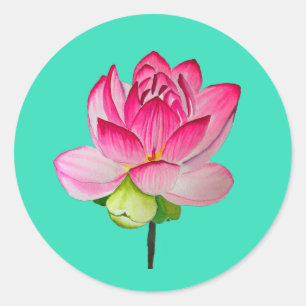 Pink lotus flower watercolor fine art classic round sticker