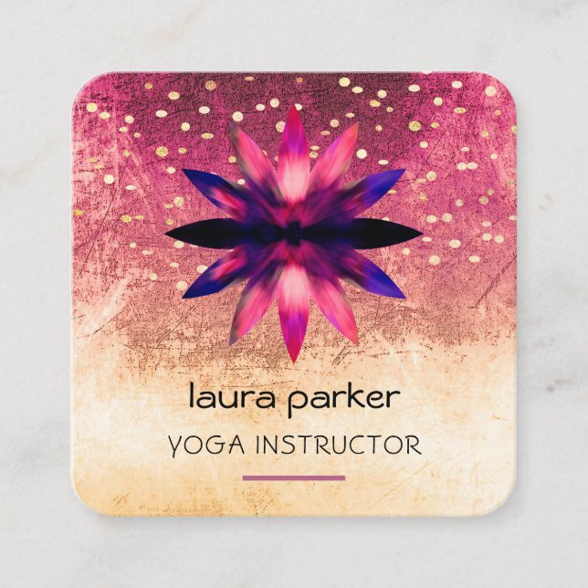 Pink Lotus Flower Watercolour Grunge Retro Square Business Card (Front)