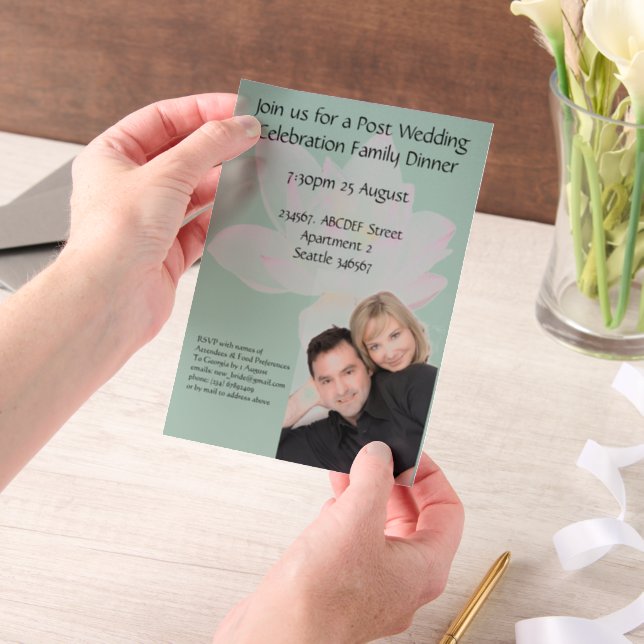 Pink lotus flower wedding celebration response vellum invitations (Handheld)