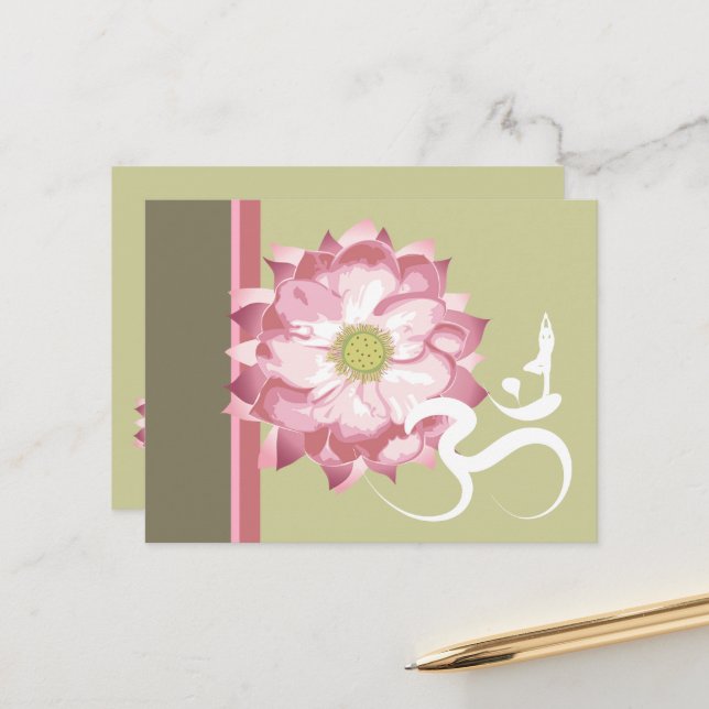 Pink Lotus Flower Yoga & Zen Calligraphy Om Aum Postcard (Front/Back In Situ)