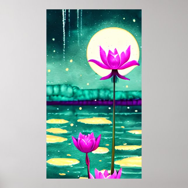 Pink Lotus Flowers and Full Moon Poster (Front)